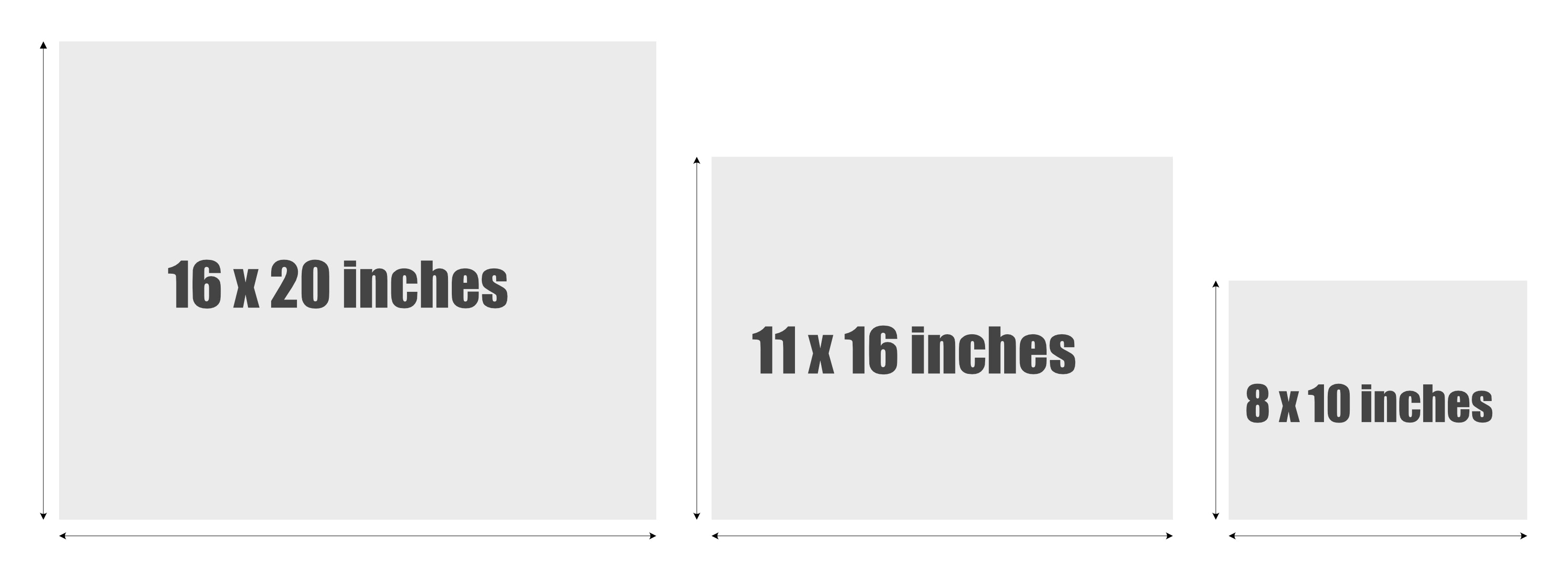 Three rectangular size options shown on a white background, labeled 16 x 20 inches, 11 x 16 inches, and 8 x 10 inches, with dimension lines around each panel.